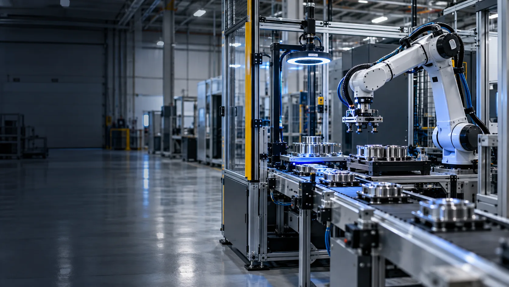 Concept image of a robotic automation cell in a modern manufacturing facility