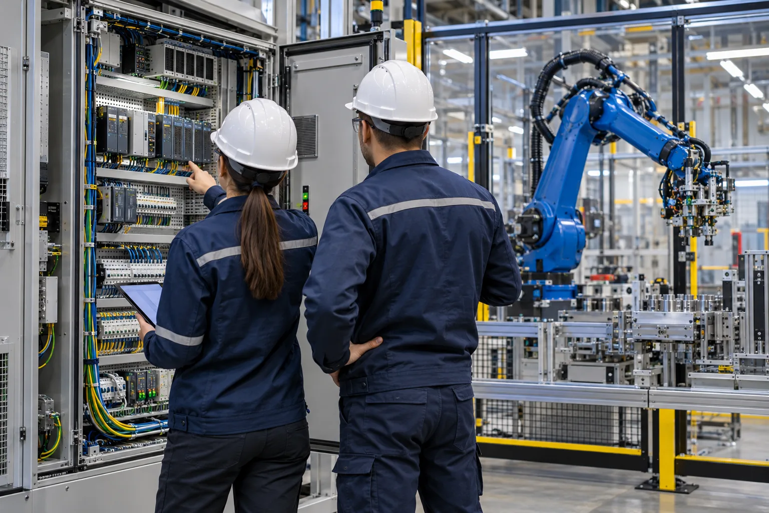 Concept image of engineers reviewing controls beside a robotic work cell