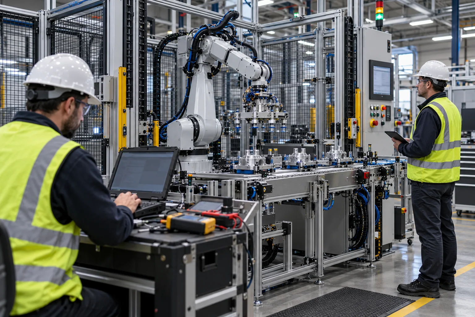 Engineers performing factory acceptance testing on a guarded robotic automation cell