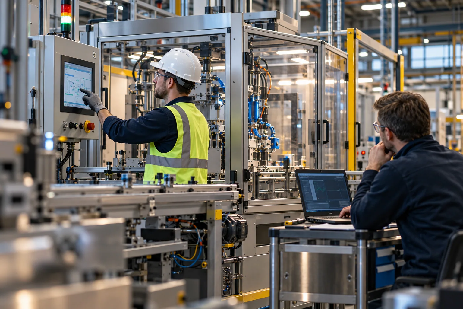 Field engineer commissioning industrial equipment while another engineer reviews diagnostics on a laptop