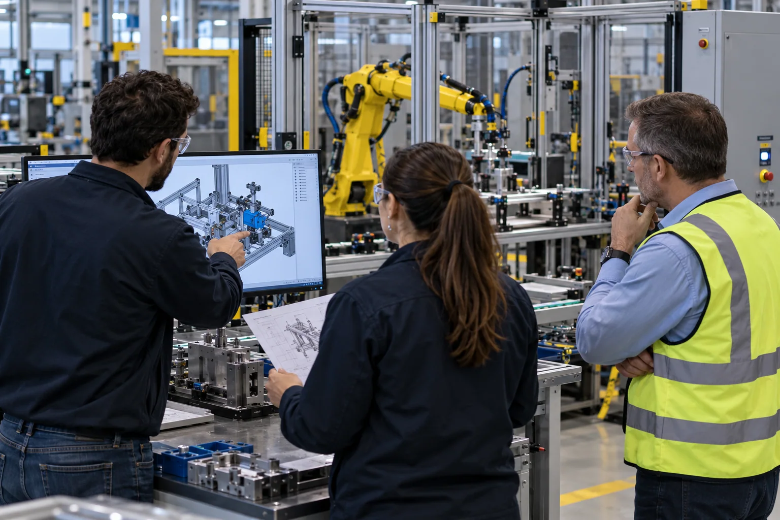 Automation engineers and an operations leader reviewing a machine design beside a robotic production cell