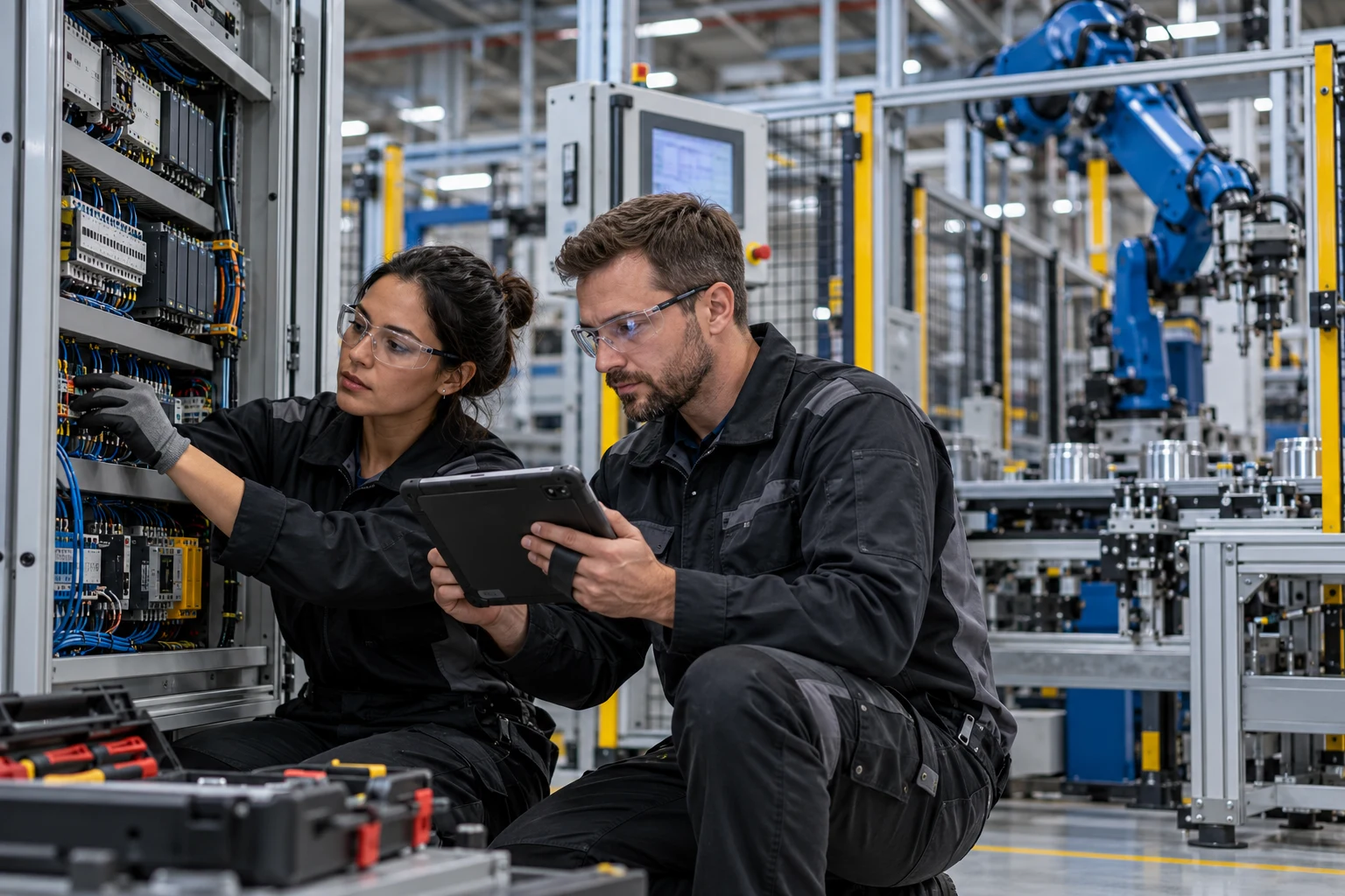 Two automation engineers troubleshooting industrial equipment on site